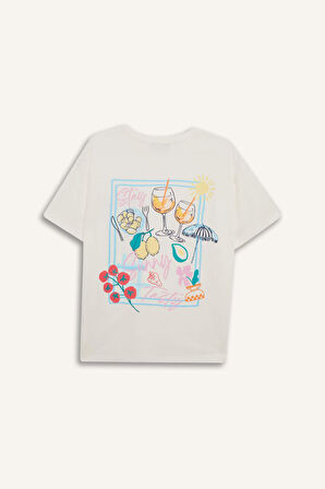 DeFacto Coool Oversize Geniş Kalıp Bisiklet Yaka Baskılı Kısa Kollu Beyaz Tişört F2786AX25SMWT32