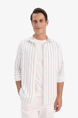 Regular Fit Polo Yaka Pamuklu Uzun Kollu Çizgili Gömlek