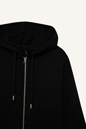 Relax Fit Kapüşonlu Basic Düz Kalın Fermuarlı Sweatshirt