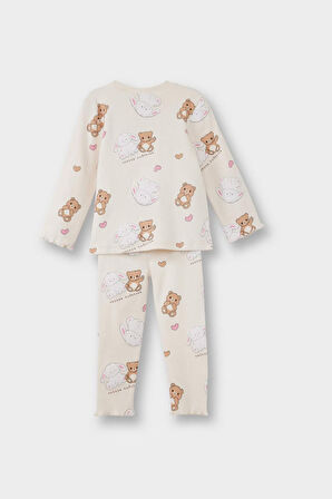 Kız Bebek Pijama Takımı Ayı Baskılı Uzun Kollu Fitilli Kaşkorse Üst Uzun Alt