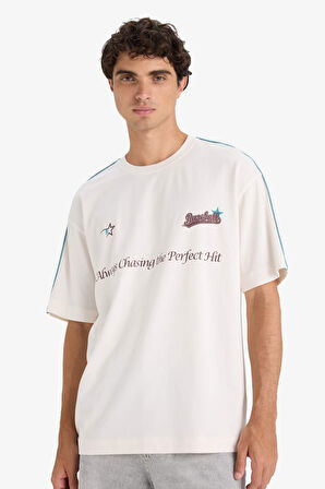 Boxy Fit Bisiklet Yaka Baskılı Kısa Kollu Tişört