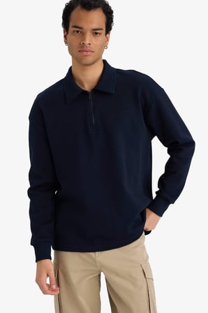 DeFacto Boxy Fit Polo Yaka Yarım Fermuarlı Pike Sweatshirt G6471AX25WNNV253