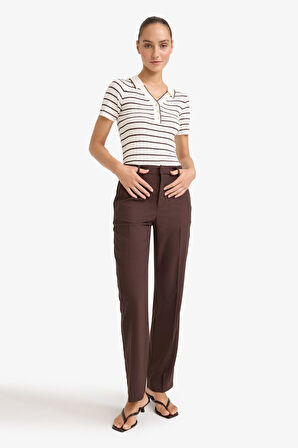 Fitted Polo Yaka Çizgili Triko Kazak