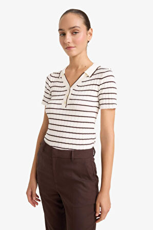 Fitted Polo Yaka Çizgili Triko Kazak