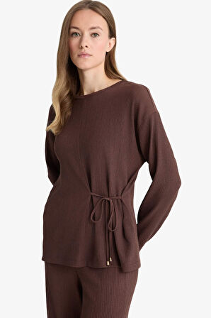 Regular Fit Bisiklet Yaka Bürümcük Uzun Kollu Tişört