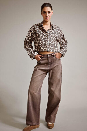 Leopar Desenli Düğmeli Jean Ceket