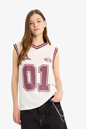 Coool Oversize Geniş Kalıp Baskılı V Yaka Forma Kumaşı Atlet