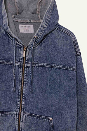 Oversize Geniş Kalıp Kapüşonlu Fermuarlı Denim Ceket