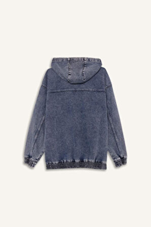Oversize Geniş Kalıp Kapüşonlu Fermuarlı Denim Ceket