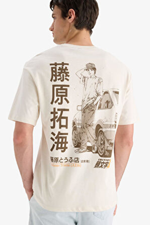 DeFacto %100 Pamuk Initial D Boxy Fit Bisiklet Yaka Sırt Baskılı Kısa Kollu Tişört F2877AX25SMER78