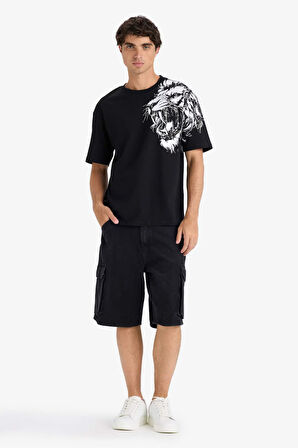 Boxy Fit Bisiklet Yaka Baskılı Kısa Kollu Tişört