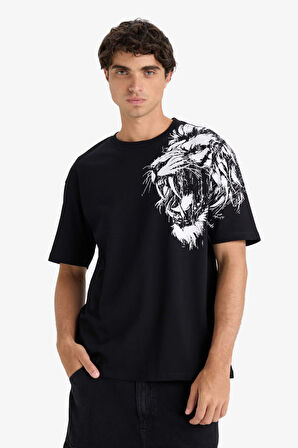 Boxy Fit Bisiklet Yaka Baskılı Kısa Kollu Tişört