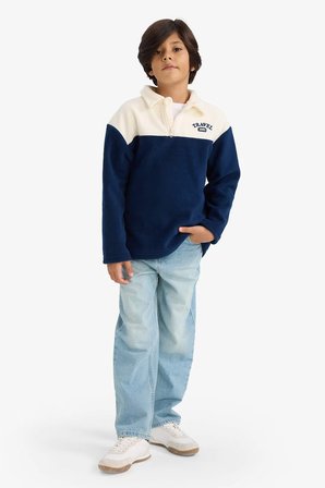 DeFacto Oversize Geniş Kalıp Polo Yaka Yarım Fermuarlı Baskılı Polar Sweatshirt Erkek Çocuk G3301A825WNNV131
