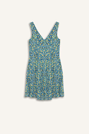 V Yaka Floral Maroken Kolsuz Mini Elbise