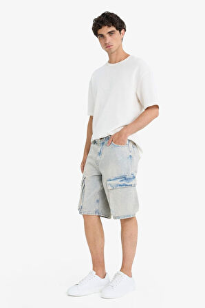%100 Pamuk Baggy Fit Kargo Cepli Jean Bermuda Şort