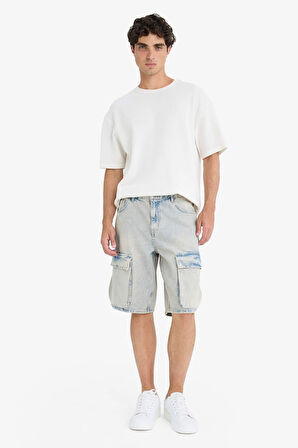 %100 Pamuk Baggy Fit Kargo Cepli Jean Bermuda Şort