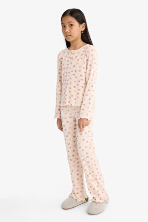 Kız Çocuk Pijama Takımı Fitilli Kaşkorse Kalp Desenli Uzun Kollu Üst Uzun Alt