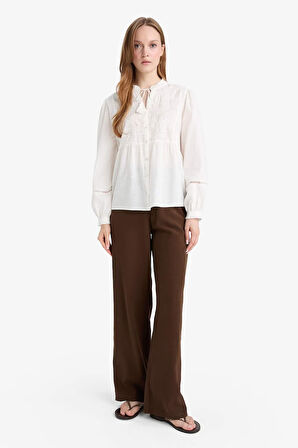 Relax Fit Fırfırlı Yaka Flamlı Pamuk Uzun Kollu Gömlek