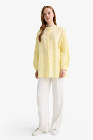 Relax Fit Bisiklet Yaka Gofre Dokulu Uzun Kollu Tunik