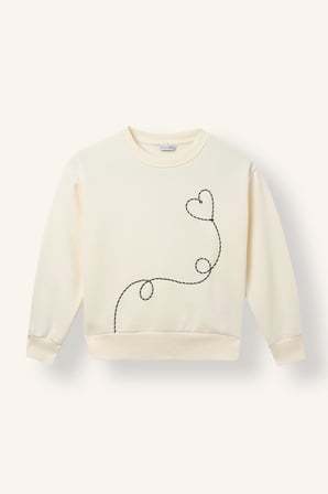 Relax Fıt Bisiklet Yaka Kalp Desenli İçi Yumuşak Tüylü Kalın Sweatshirt Kumaşı Sweatshirt Kız Çocuk