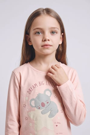 %100 Pamuk Baskılı Üst Lastikli Paça Alt 2'li Pijama Takımı Kız Bebek