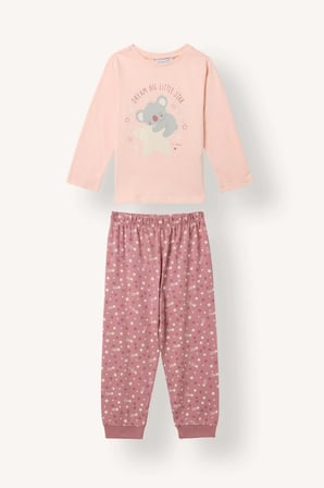 %100 Pamuk Baskılı Üst Lastikli Paça Alt 2'li Pijama Takımı Kız Bebek