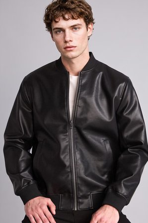 DeFacto Su Geçirmez Slim Fit Kolej Yaka Ribanalı Fermuarlı Suni Deri Bomber Mont Y5367AZ26AUBK27