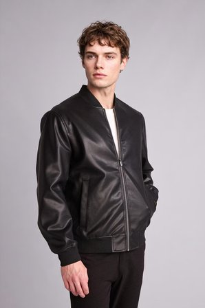 DeFacto Su Geçirmez Slim Fit Kolej Yaka Ribanalı Fermuarlı Suni Deri Bomber Mont Y5367AZ26AUBK27
