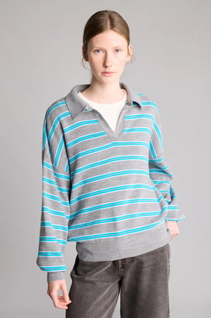Relaxed Fit Polo Yaka Çizgili Triko Kazak