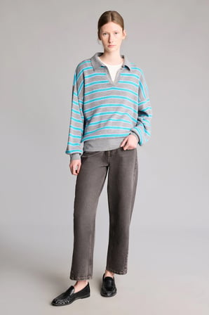 Relaxed Fit Polo Yaka Çizgili Triko Kazak