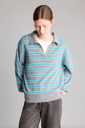 Relaxed Fit Polo Yaka Çizgili Triko Kazak
