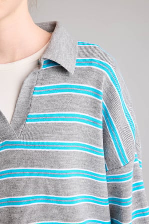 Relaxed Fit Polo Yaka Çizgili Triko Kazak