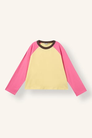 %100 Pamuk Overshirt Fit Reglan Uzun Kollu Renk Bloklu Basic Tişört Kız Çocuk
