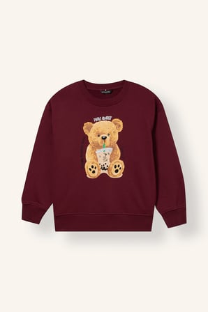Oversıze Bisiklet Yaka Ayı Baskılı İçi Yumuşak Tüylü Kalın Sweatshirt Kumaşı Sweatshirt Kız Çocuk