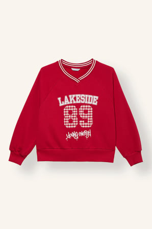 Oversize V Yaka İçi Yumuşak Tüylü Baskılı Sweatshirt Kız Çocuk