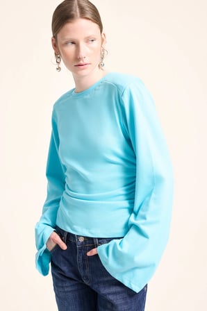 Slim Fit Bisiklet Yaka Büzgü Detaylı İspanyol Kollu Basic Tişört