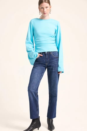 Slim Fit Bisiklet Yaka Büzgü Detaylı İspanyol Kollu Basic Tişört
