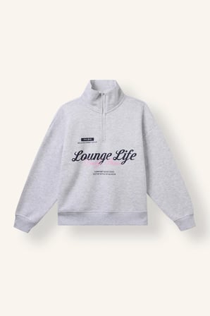 Oversıze Yarım Fermuarlı Slogan Baskılı Kalın Sweatshirt Kumaşı Sweatshirt Kız Çocuk