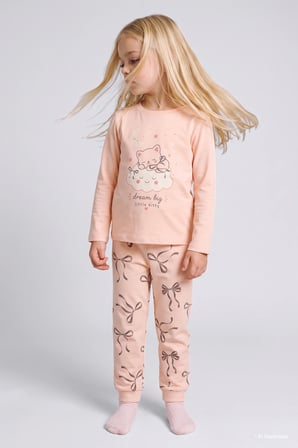 Kedi ve Fiyonk Baskılı Pamuklu 2'li Pijama Takımı Kız Bebek