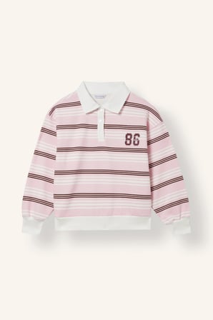 Oversize Polo Yaka Çizgili Baskılı Sweatshirt Kız Çocuk