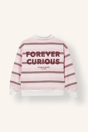 Oversize Polo Yaka Çizgili Baskılı Sweatshirt Kız Çocuk