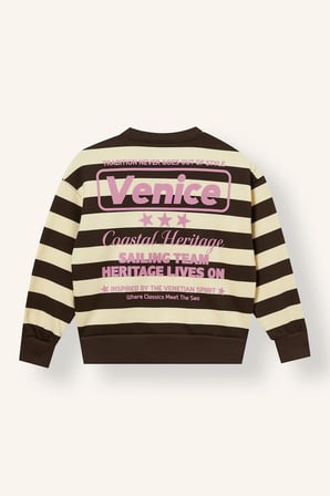 Relax Fıt Bisiklet Yaka Çizgili İçi Yumuşak Tüylü Kalın Sweatshirt Kumaşı Sweatshirt Kız Çocuk