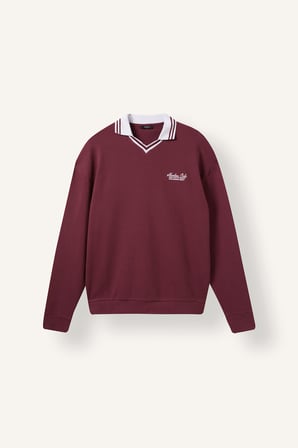 Boxy Fıt Polo Yaka Baskılı Waffle Sweatshirt