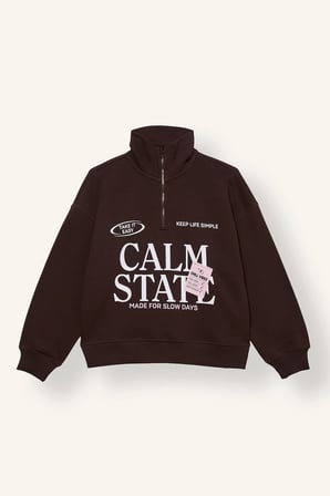Oversize Yarım Fermuarlı Baskılı Kalın Sweatshirt Kız Çocuk