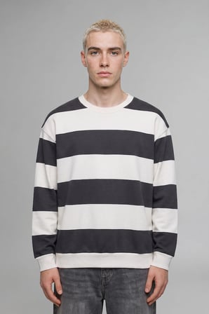 Boxy Fıt Bisiklet Yaka Çizgili Sweatshirt