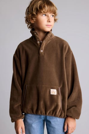 Oversize Çıtçıtlı Dik Yaka Kanguru Cepli Polar Basic Sweatshirt Erkek Çocuk