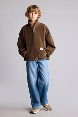 Oversize Çıtçıtlı Dik Yaka Kanguru Cepli Polar Basic Sweatshirt Erkek Çocuk