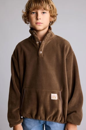 Oversize Çıtçıtlı Dik Yaka Kanguru Cepli Polar Basic Sweatshirt Erkek Çocuk