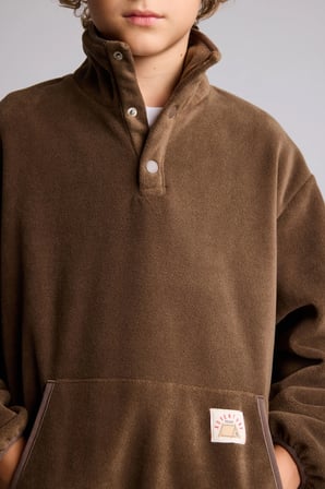 Oversize Çıtçıtlı Dik Yaka Kanguru Cepli Polar Basic Sweatshirt Erkek Çocuk