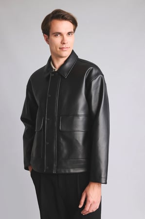Regular Fit Polo Yaka Çıtçıtlı Cepli Suni Deri Mont